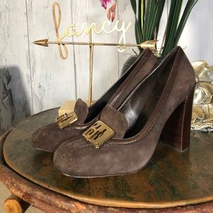 Tory Burch Chocolate Heels with Gold Buckles